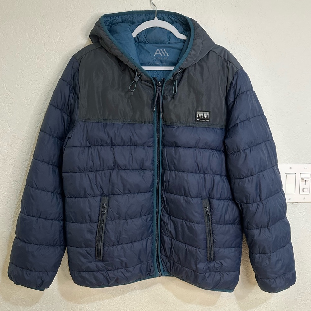 Andrew Marc Blue and Black Hooded Puffer Jacket Size M